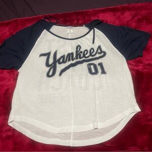 Pink Victoria's Secret Yankees Navy and White Raglan Shirt
